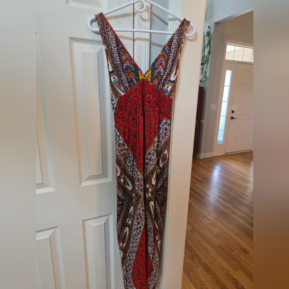 Angie Red and Blue Patterned Maxi Dress Boho Small